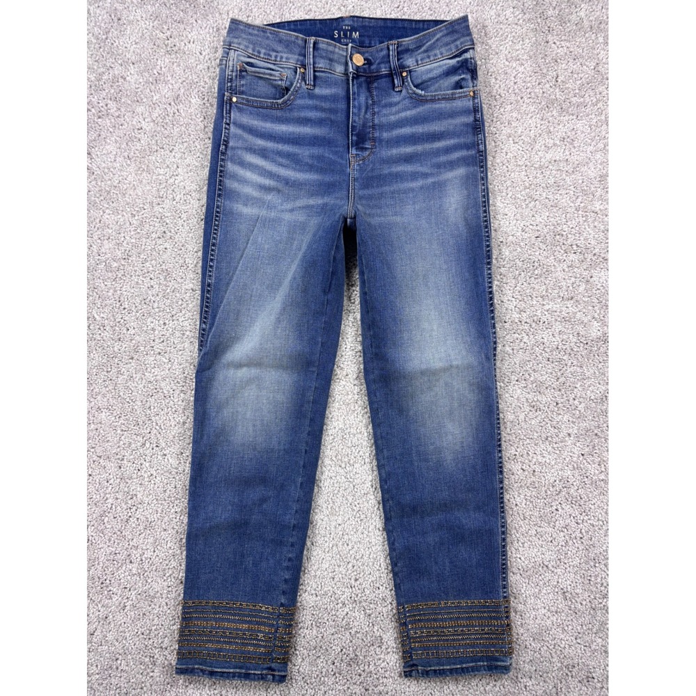 White House Black Market The Slim Crop High Rise Beaded‎ Hem Jeans Blue Womens 2